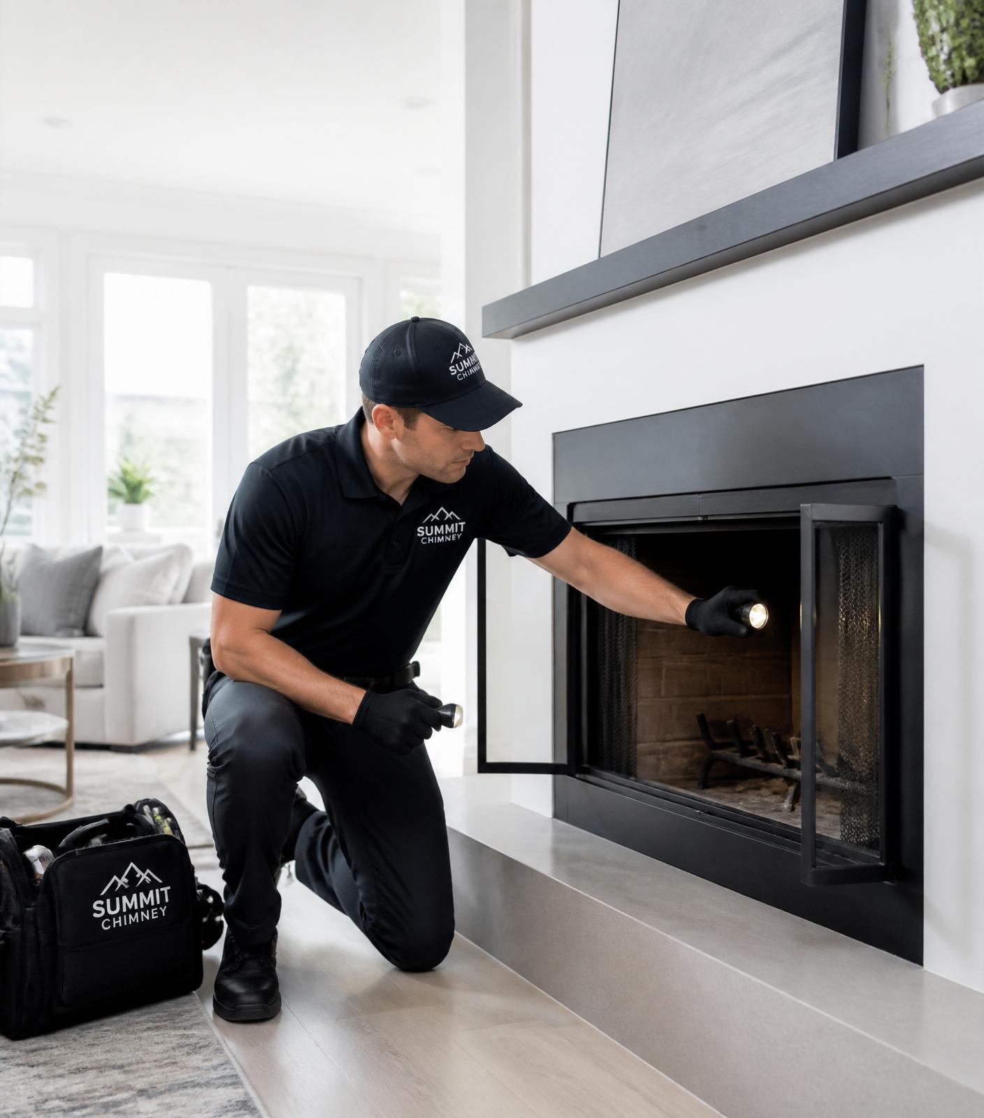 Professional chimney technician inspecting a fireplace
